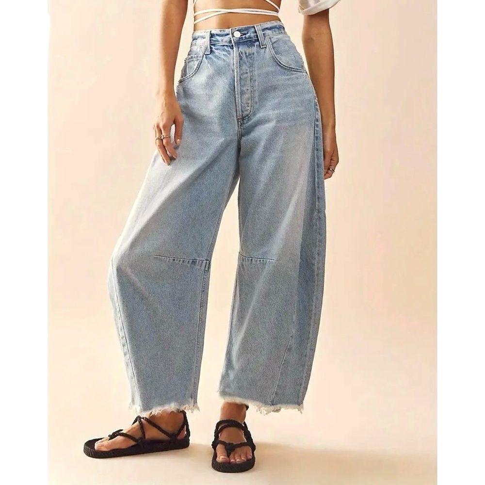 High waisted barrel jeans with raw hem